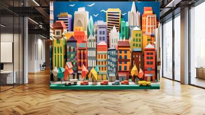 Colorful cityscape illustration made of paper in origami style Wall mural