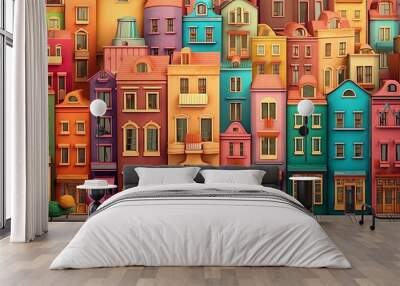 Colorful street full of houses of all colors illustration background Wall mural