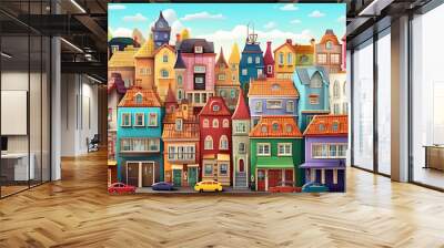 Colorful street full of houses of all colors illustration background Wall mural