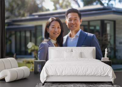 Confident Asian american male and asian female couple buyers stands proudly outside the new house they just bought , radiating happiness and approachability, ready to move in their new acquired home Wall mural