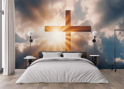 Cross in the clouds and rays of sun , power of faith concept Wall mural