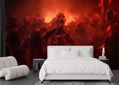 Crowd of zombies in a post-apocalyptic city red zombie attack going forward Wall mural