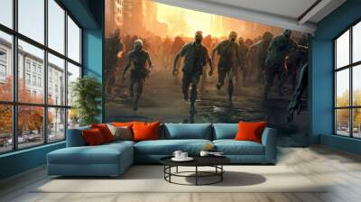 Crowd of zombies in a post-apocalyptic city zombie attack going forward Wall mural