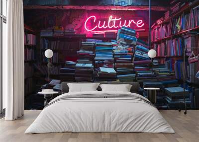 Culture concept image with stack of books in a bookshop or a library and sign with written word culture Wall mural