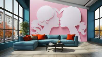 Cut-out paper background of a gay lesbian woman couple kissing on wedding day on pink background Wall mural