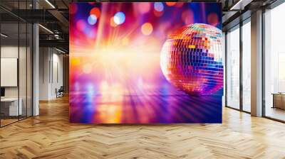 Disco ball sphere with colorful disco lights for party nights , wallpaper background with copy space Wall mural