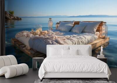 Double bed floating in middle of water, elegant bed linen, blue tropical sea all around , vacations or honeymoon concept Wall mural