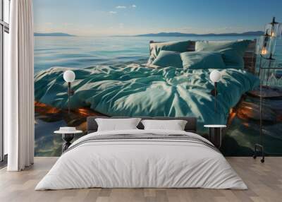 Double bed floating in middle of water, elegant bed linen, blue tropical sea all around , vacations or honeymoon concept Wall mural