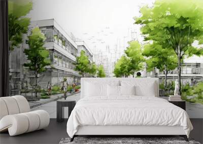 Drawing of street with sustainable urban design featuring eco-friendly elements, people on bicycle and modern buildings with green plants and trees Wall mural