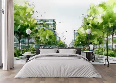 Drawing of street with sustainable urban design featuring eco-friendly elements, people on bicycle and modern buildings with green plants and trees Wall mural