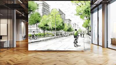 Drawing of street with sustainable urban design featuring eco-friendly elements, people on bicycle and modern buildings with green plants and trees Wall mural