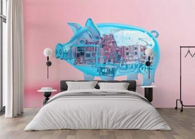 E-banking or online bank concept image with a blue piggy bank full of technology on pink background Wall mural