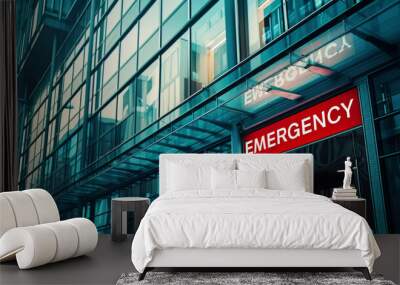 Entrance of the ER or Emergency Room department of an hospital with a red sign written emergency on front of the clinic building Wall mural