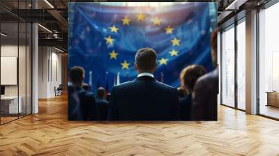 European Union politics concept image with back view of formal unrecognizable politicians at EU parliament in front of the European Union flag Wall mural