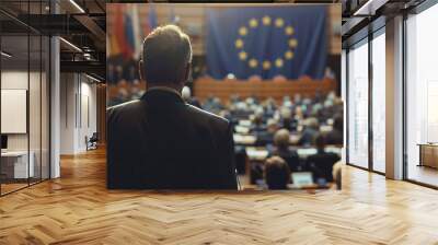 European Union politics concept image with back view of formal unrecognizable politicians at EU parliament in front of the European Union flag Wall mural