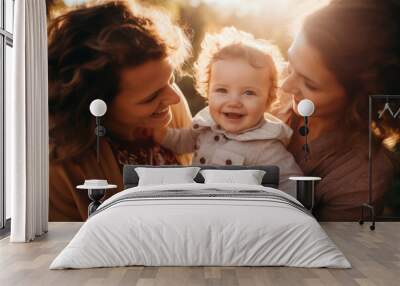 Family portrait of a lesbian couple holding their toddler kid in their arms Wall mural