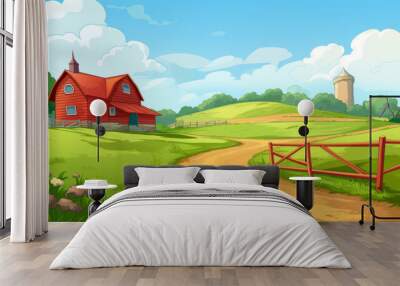 Farm cartoon style illustration background with barn and green nature Wall mural