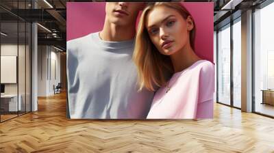 Fashion street photography of two young people wearing light pale pink and blue grey top t shirts, man and woman couple models with casual poses for summer clothing fashion on pink wall background Wall mural