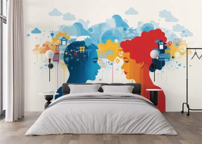 Flat design of two people facing each others with ideas in their heads , team working or brainstorming illustration concept Wall mural