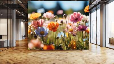 Flower field in sunlight, spring or summer garden background in closeup macro view or flowers meadow field in morning light Wall mural