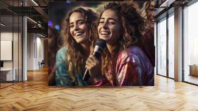 Friends engaged in a pajama party karaoke session, happy joyful people singing with a mic and colorful background Wall mural