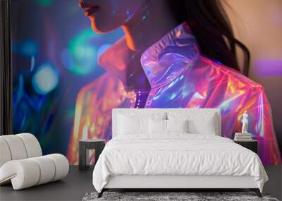 Futurist light fashion shot with model wearing electric wearables holographic emitting apparel Wall mural