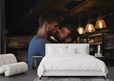 Gay couple lovers kissing in a cafe Wall mural