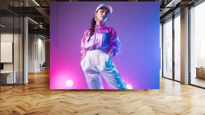 Gen-z beautiful asian fashionable female, wearing neon stylish clothes, happy, smiling, retro style in the style of Vaporwave fashion Wall mural