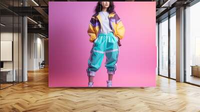 Gen-z beautiful asian fashionable female, wearing neon stylish clothes, happy, smiling, retro style in the style of Vaporwave fashion Wall mural