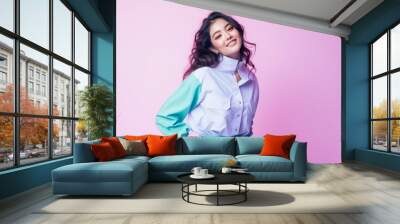 Gen-z beautiful asian fashionable female, wearing neon stylish clothes, happy, smiling, retro style in the style of Vaporwave fashion Wall mural