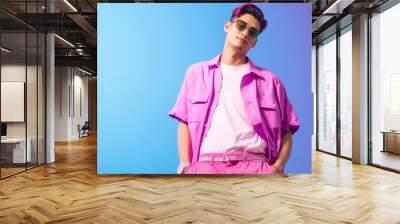 Gen-z handsome asian fashionable male, wearing neon stylish clothes, happy, smiling, retro style in the style of Vaporwave fashion Wall mural