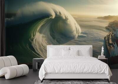 Giant Tsunami wave arriving on the shore of a city Wall mural