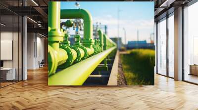 Green hydrogen energy pipeline of green color with industry facility Wall mural