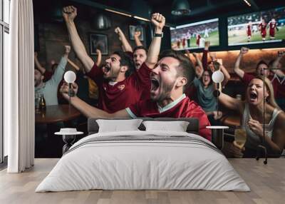 Group of Football Fans Watching a Live Match Broadcast in a Sports Pub on TV. People Cheering, Supporting Their Team. Wall mural