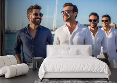 Group of successful adults men friends smiling, healthy rich 40 year old men in an harbor , casual chic clothing Wall mural