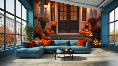 Halloween pumpkins and decorations outside a house, night view of a house entry door with halloween decoration Wall mural