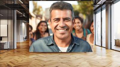 Handsome middle aged mexican man, happy, smiling, with women of the family in background Wall mural