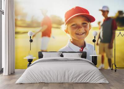 Happy caucasian boy at golfing training lesson looking at camera on golf course Wall mural