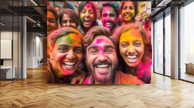 Happy group of Indian people celebrating Holi the Hindu Festival of Colours, Love and Spring Wall mural