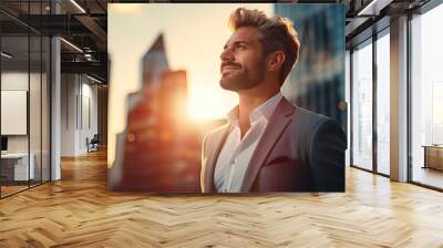 Happy wealthy rich successful caucasian businessman standing in big city modern skyscrapers street on sunset thinking of successful vision, dreaming of new investment opportunities Wall mural