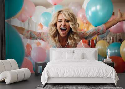 Happy woman dancing at home on her birthday in her pajamas, surrounded by a sea of colorful balloons, room is filled with laughter and the joy of party celebration Wall mural