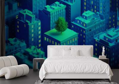 Illustration of a blue modern city full of buildings with green trees in the middle on top of building , city green spaces or revegetation concept Wall mural