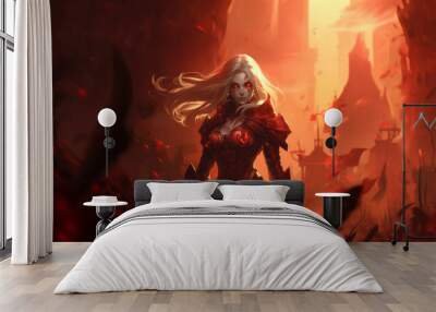 Illustration of a fantasy female blood elf in red armor Wall mural