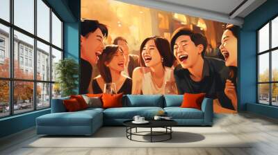 Illustration of asian adults laughing and drinking having fun at a party in a bar Wall mural