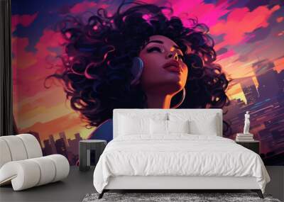 Illustration of portrait of a young black afro american woman in bustling skyscraper city with sunset colors and hair blowing in the wind Wall mural