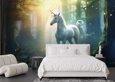 Illustration of the mythical creature the unicorn in fairy forest Wall mural