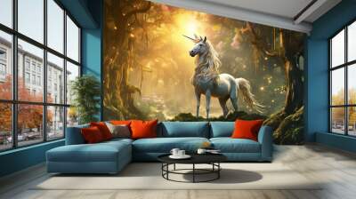 Illustration of the mythical creature the unicorn in fairy forest Wall mural