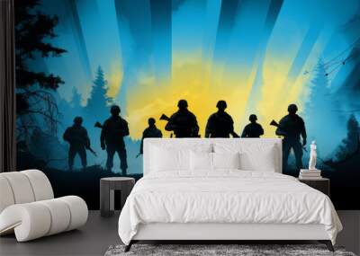 Illustration of war-themed soldier silhouettes on background with yellow and blue colors like a ukrainian flag Wall mural