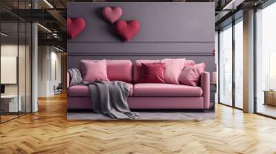 Interior of living room with sofa and decor for Valentine's Day with pink and red hearts and copy space background Wall mural