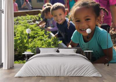 Kids at a community garden, tending to their plants and flowers with enthusiasm. Planting, and enjoying their labor as their garden flourishes Wall mural